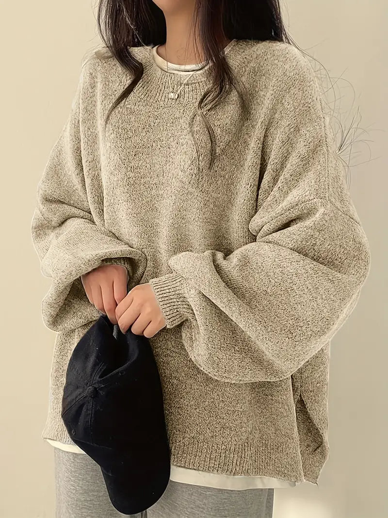 Women's Oversized Jumper with Round Neck and Melange Knit in Beige