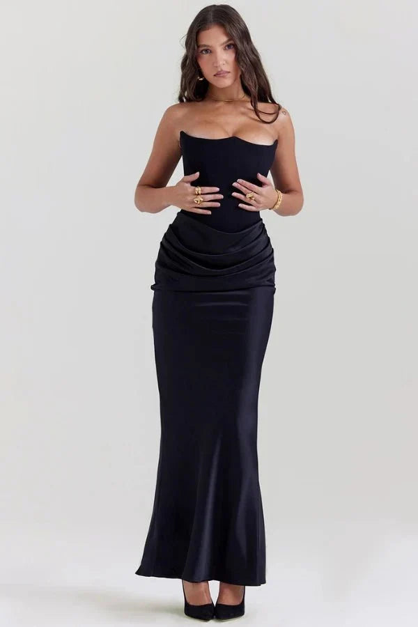 Women's Strapless Maxi Dress with Corset Bodice and Ruching in Black