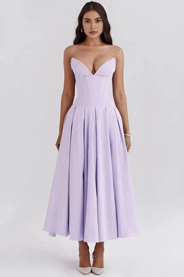Women's Strapless Midi Dress with Sweetheart Neckline, Full Skirt in Lilac