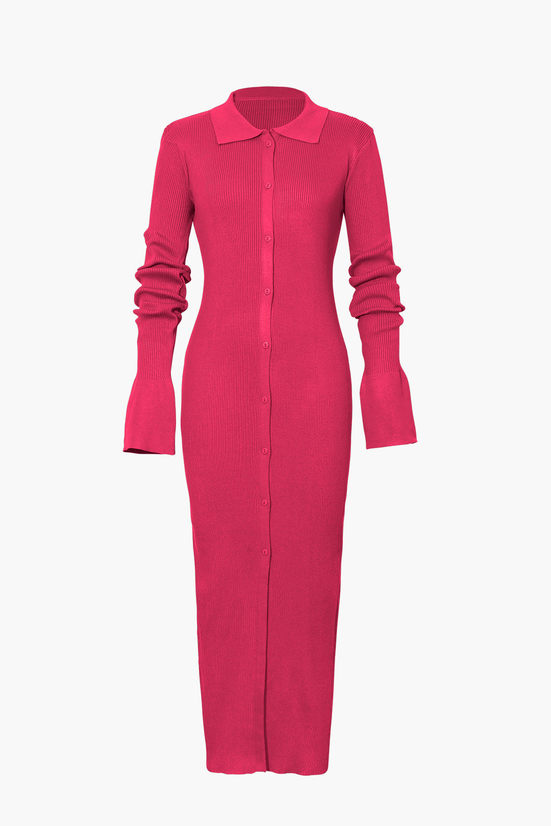 Women's Ribbed Knit Maxi Dress with Polo Collar and Button Front in Raspberry