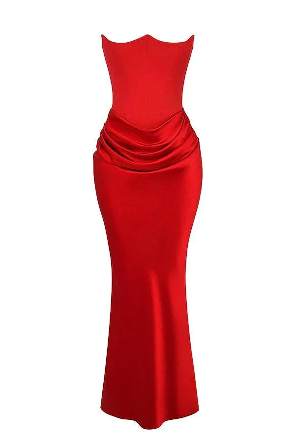 Women's Strapless Maxi Dress with Corset Bodice and Ruching in Ruby