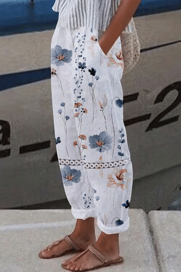 Women's 7/8 Wide-Leg Trousers with a Tie Waist in White-Blue