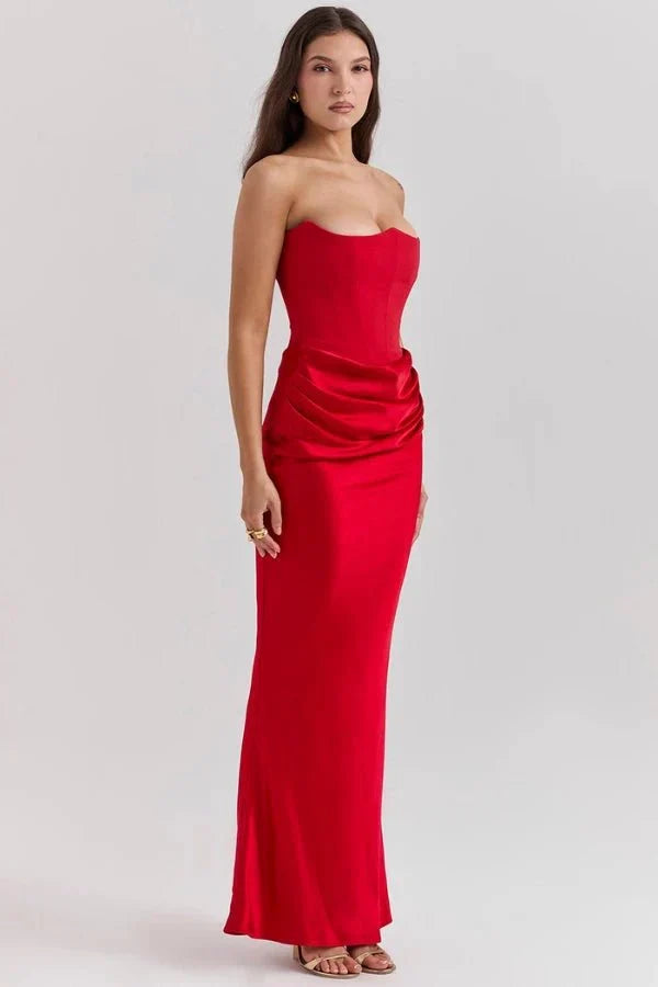 Women's Strapless Maxi Dress with Corset Bodice and Ruching in Ruby