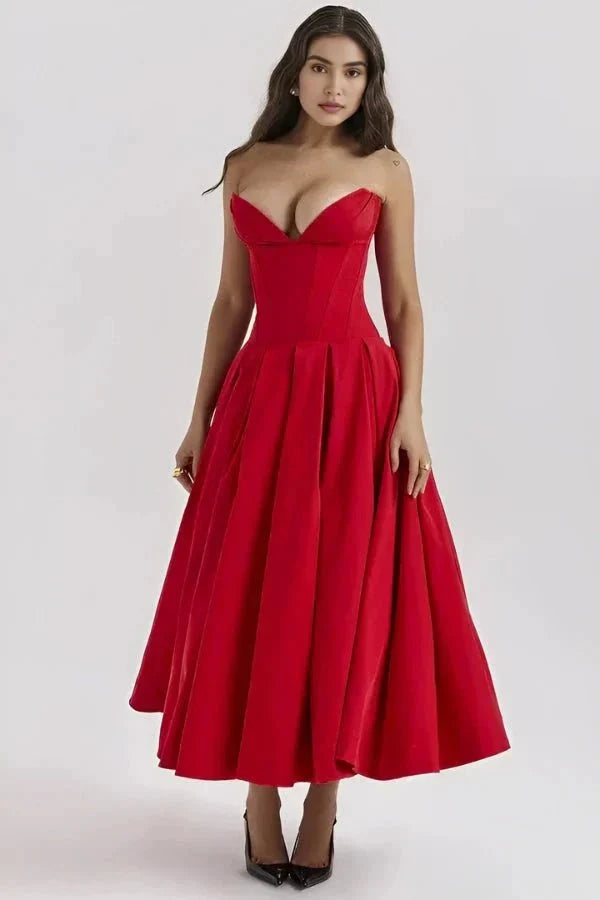 Women's Strapless Midi Dress with Sweetheart Neckline, Full Skirt in Red