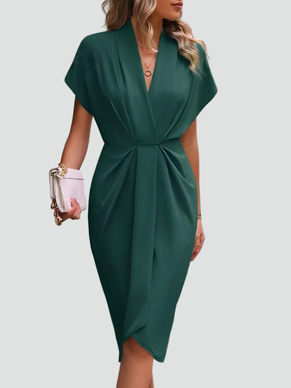 Women's V-Neck Midi Dress with Tie Waist and Wrap Skirt in Dark Green