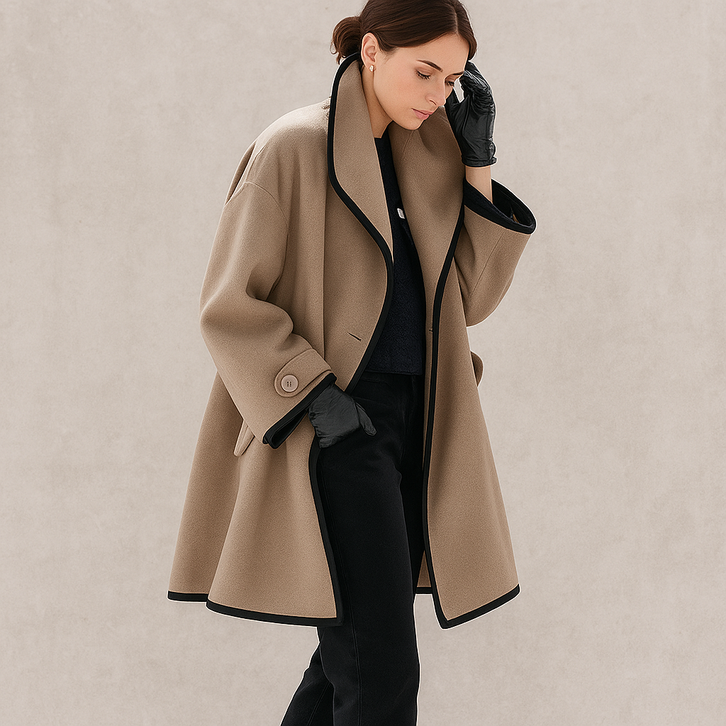 Women's Coat with Wide Lapels and Contrast Piping in Beige
