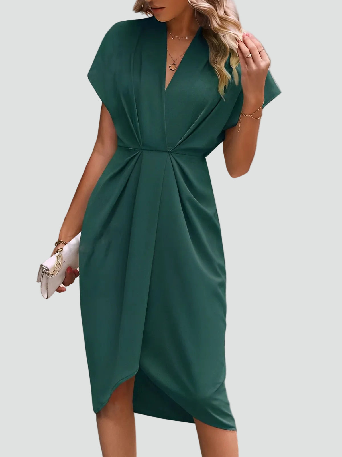 Women's V-Neck Midi Dress with Tie Waist and Wrap Skirt in Dark Green