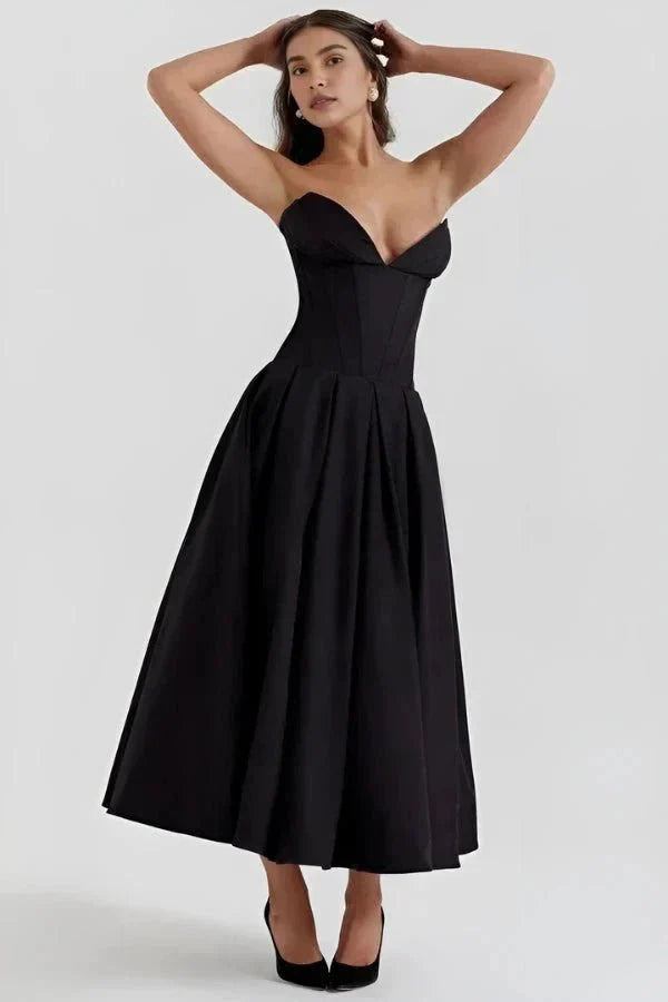 Women's Strapless Midi Dress with Sweetheart Neckline, Full Skirt in Black