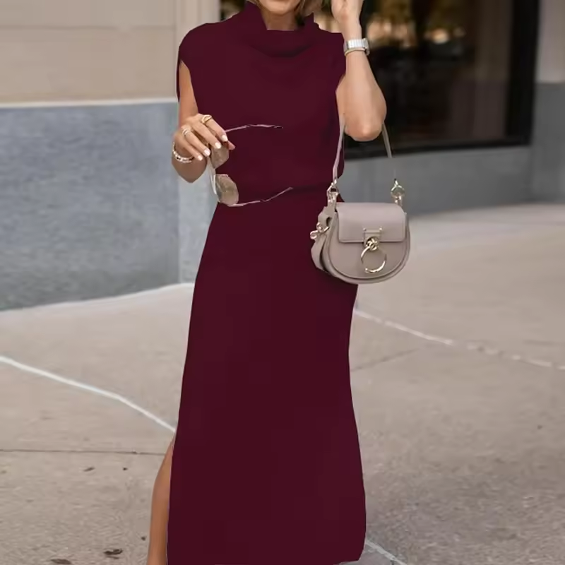 Women's Sleeveless Ribbed Knit Midi Dress with Roll Neck in Burgundy