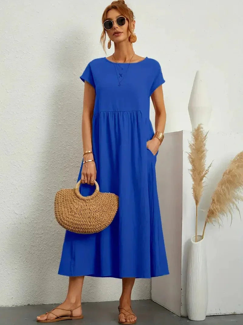 Women's Short-Sleeve Midi Dress with Pockets and Gathered Skirt in Blue