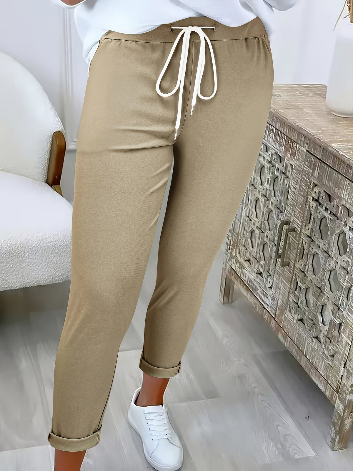 Women's Joggers with Tie Waist and Turn-Up Cuffs in Khaki
