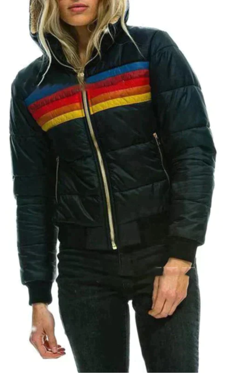 Women's Quilted Hooded Coat with Colourful Stripes in Black