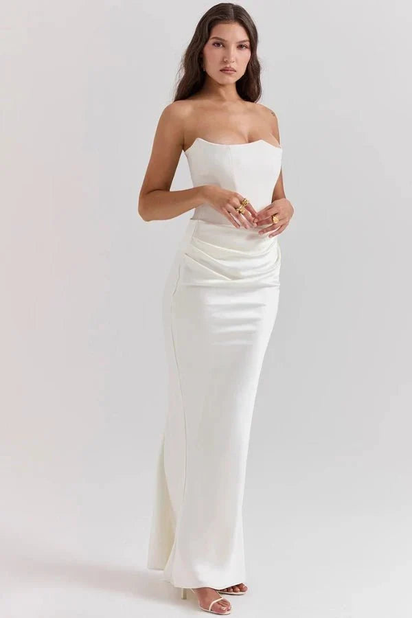 Women's Strapless Maxi Dress with Corset Bodice and Ruching in Ivory