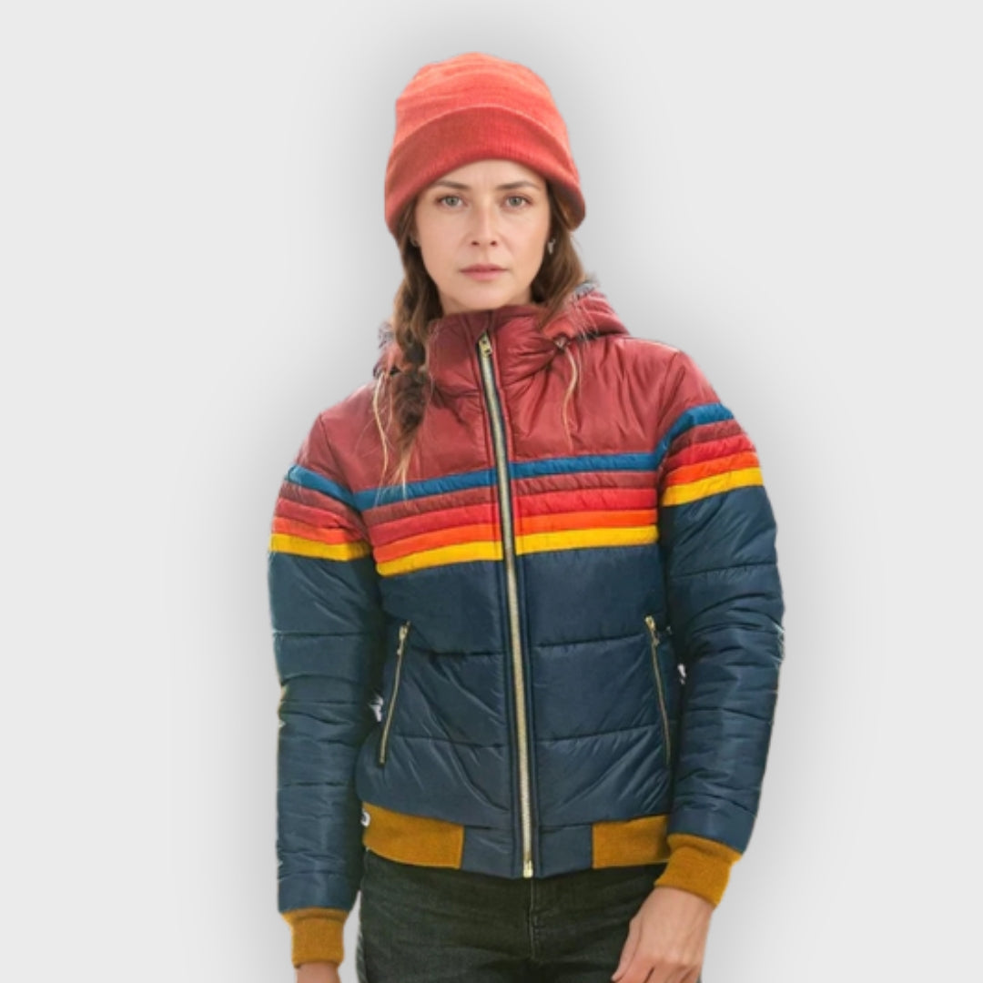 Women's Quilted Hooded Coat with Colourful Stripes in Navy