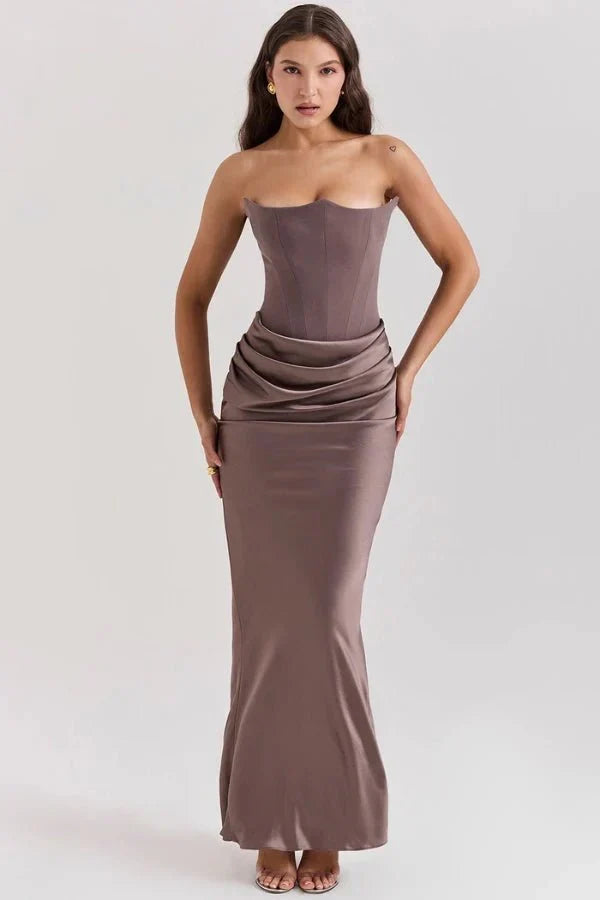 Women's Strapless Maxi Dress with Corset Bodice and Ruching in Smoky