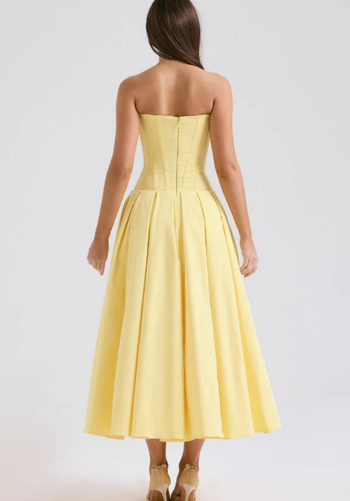Women's Strapless Midi Dress with Sweetheart Neckline, Pleated Skirt in Yellow