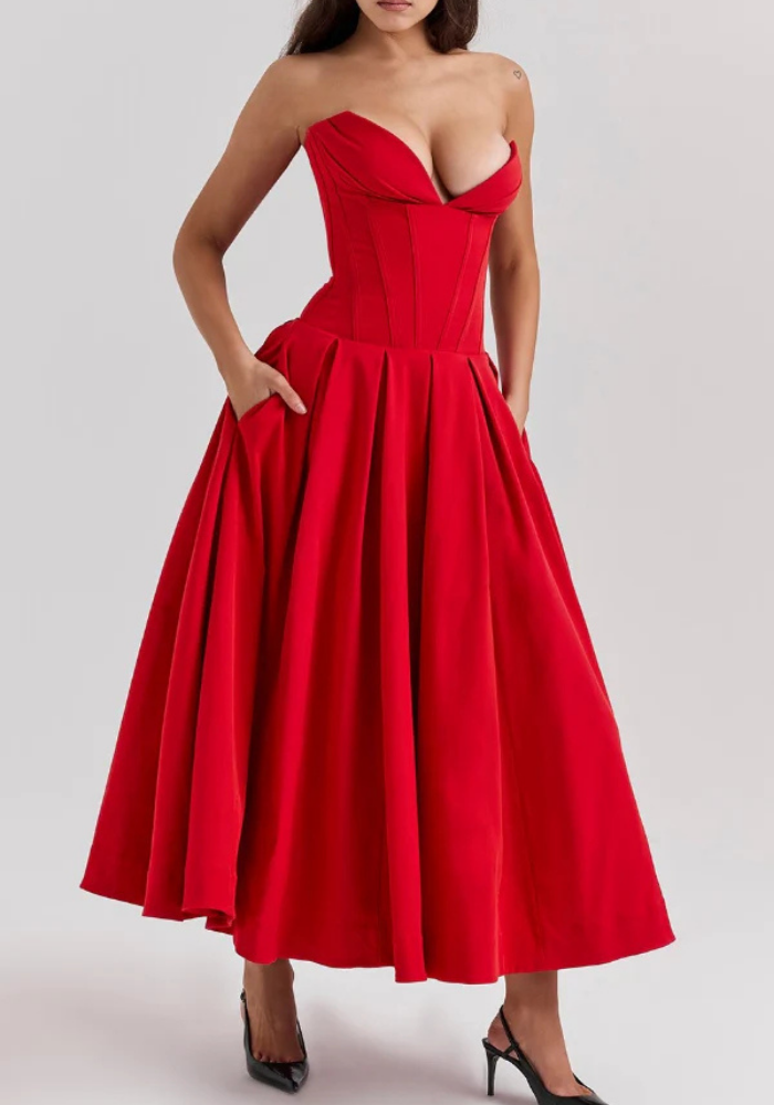 Women's Strapless Midi Dress with Sweetheart Neckline, Pleated Skirt in Red