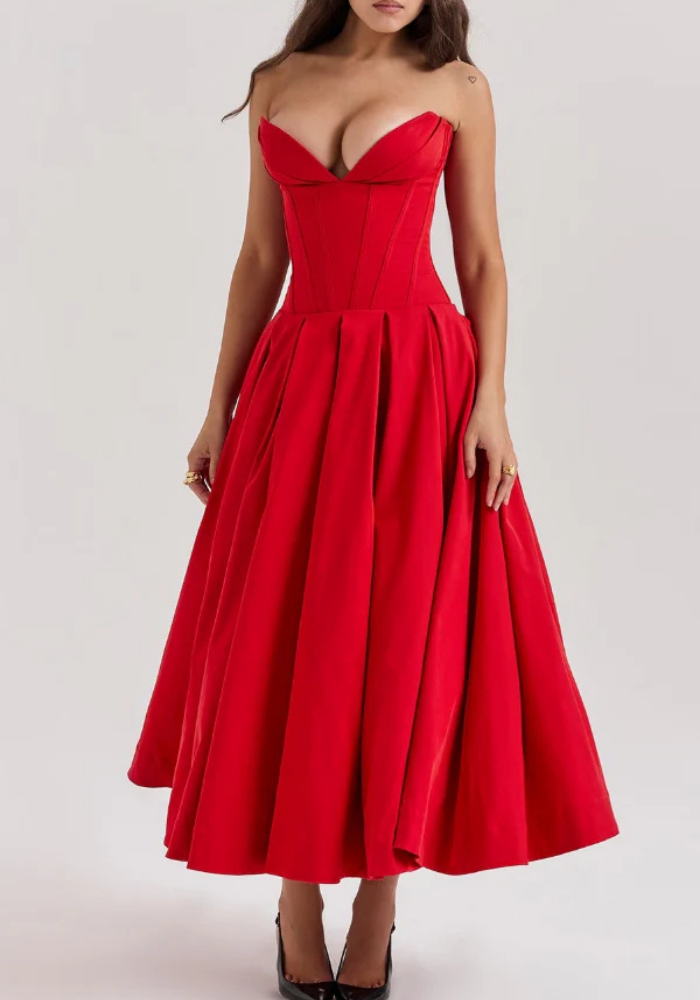 Women's Strapless Midi Dress with Sweetheart Neckline, Pleated Skirt in Red