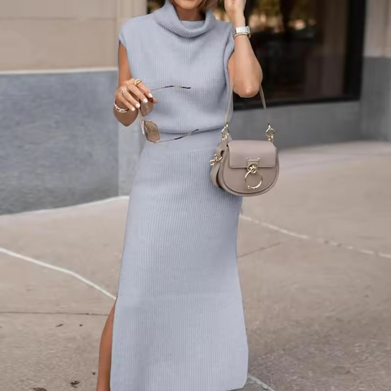 Women's Sleeveless Ribbed Knit Midi Dress with Roll Neck in Light Grey