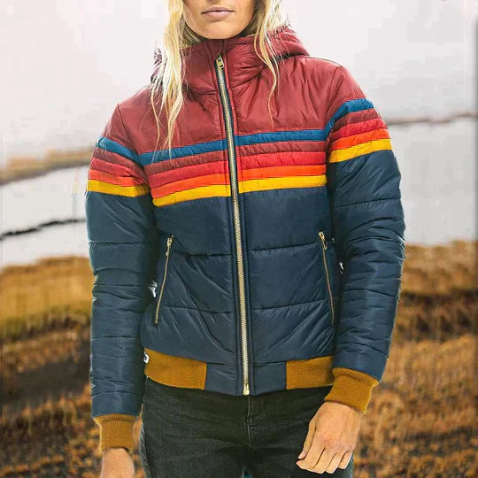 Women's Quilted Hooded Coat with Colourful Stripes in Navy