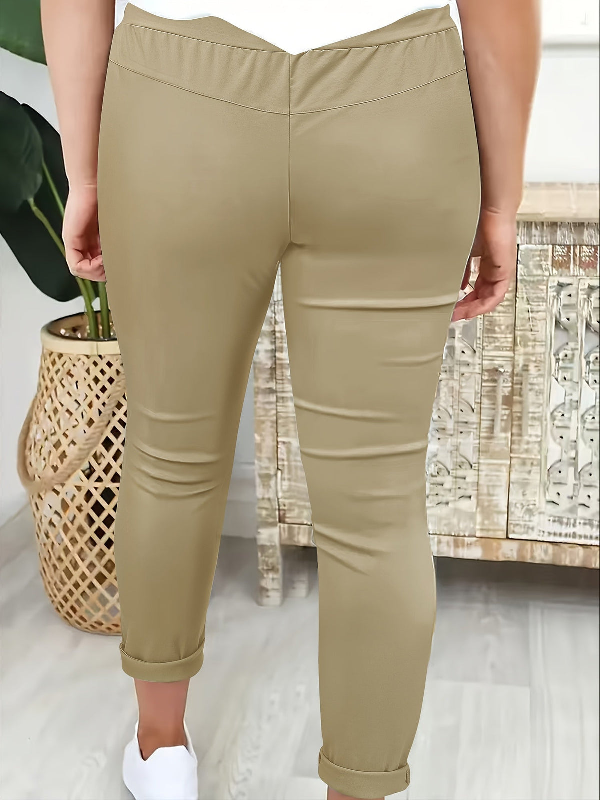 Women's Joggers with Tie Waist and Turn-Up Cuffs in Khaki
