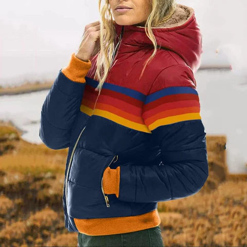 Women's Quilted Hooded Coat with Colourful Stripes in Navy