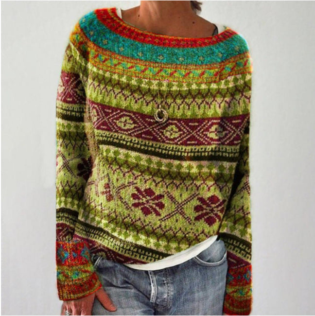 Women's Patterned Knit Jumper with Round Neckline in Yellow