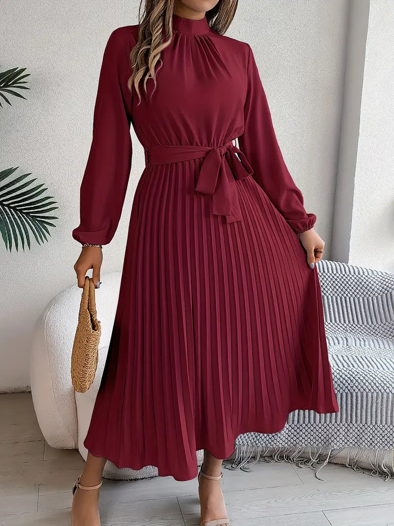 Women's Pleated Midi Dress with Stand Collar and Tie Belt in Burgundy