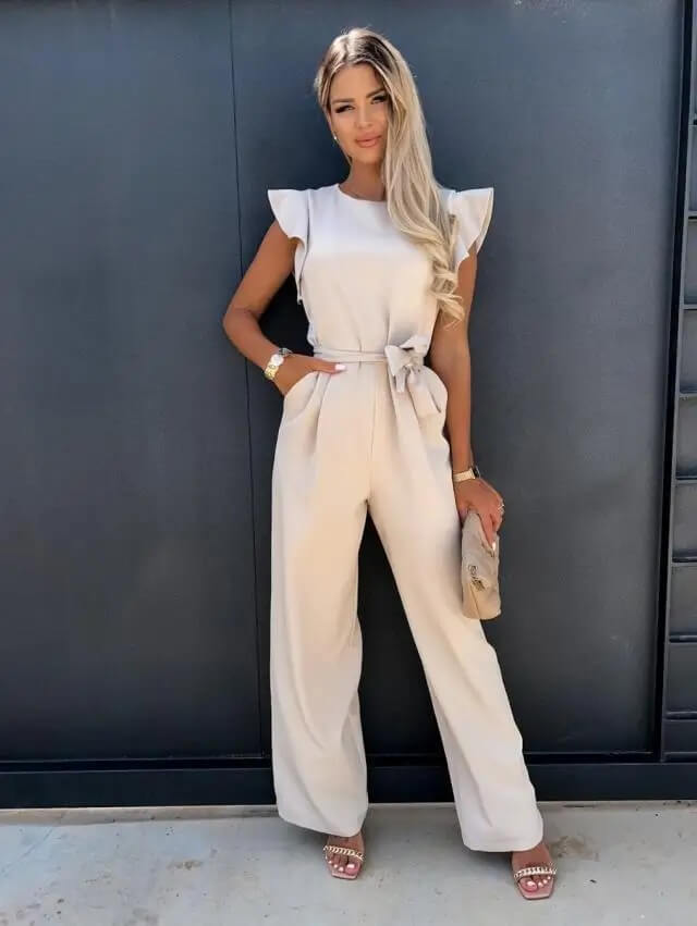 Women's Jumpsuit with Ruffled Sleeves and Tie Waist in Beige