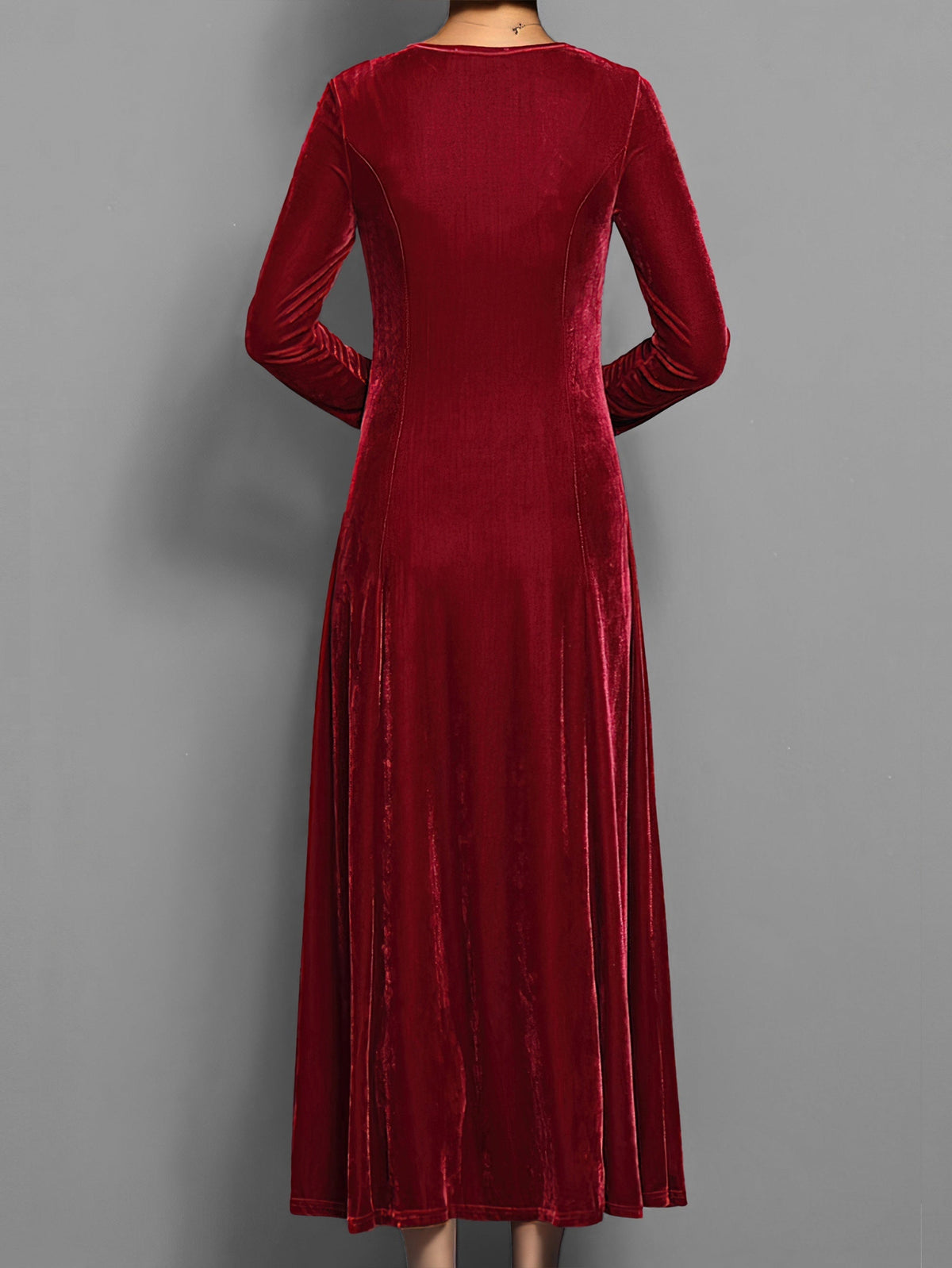 Women's Flared Maxi Dress with Round Neck and Gathered Sleeves in Red