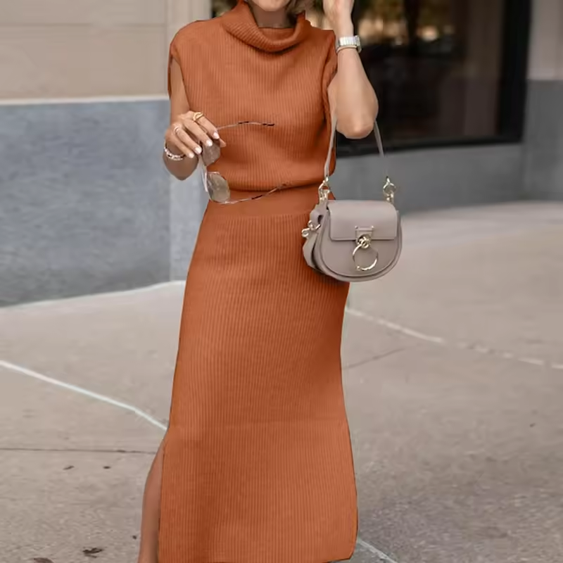 Women's Sleeveless Ribbed Knit Midi Dress with Roll Neck in Camel