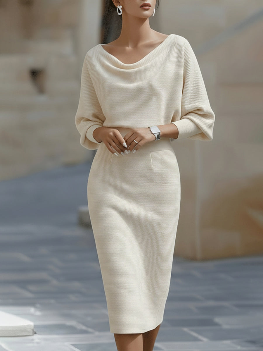 Women's Ribbed Knit Midi Dress with Cowl Neck and Batwing Sleeves in Beige