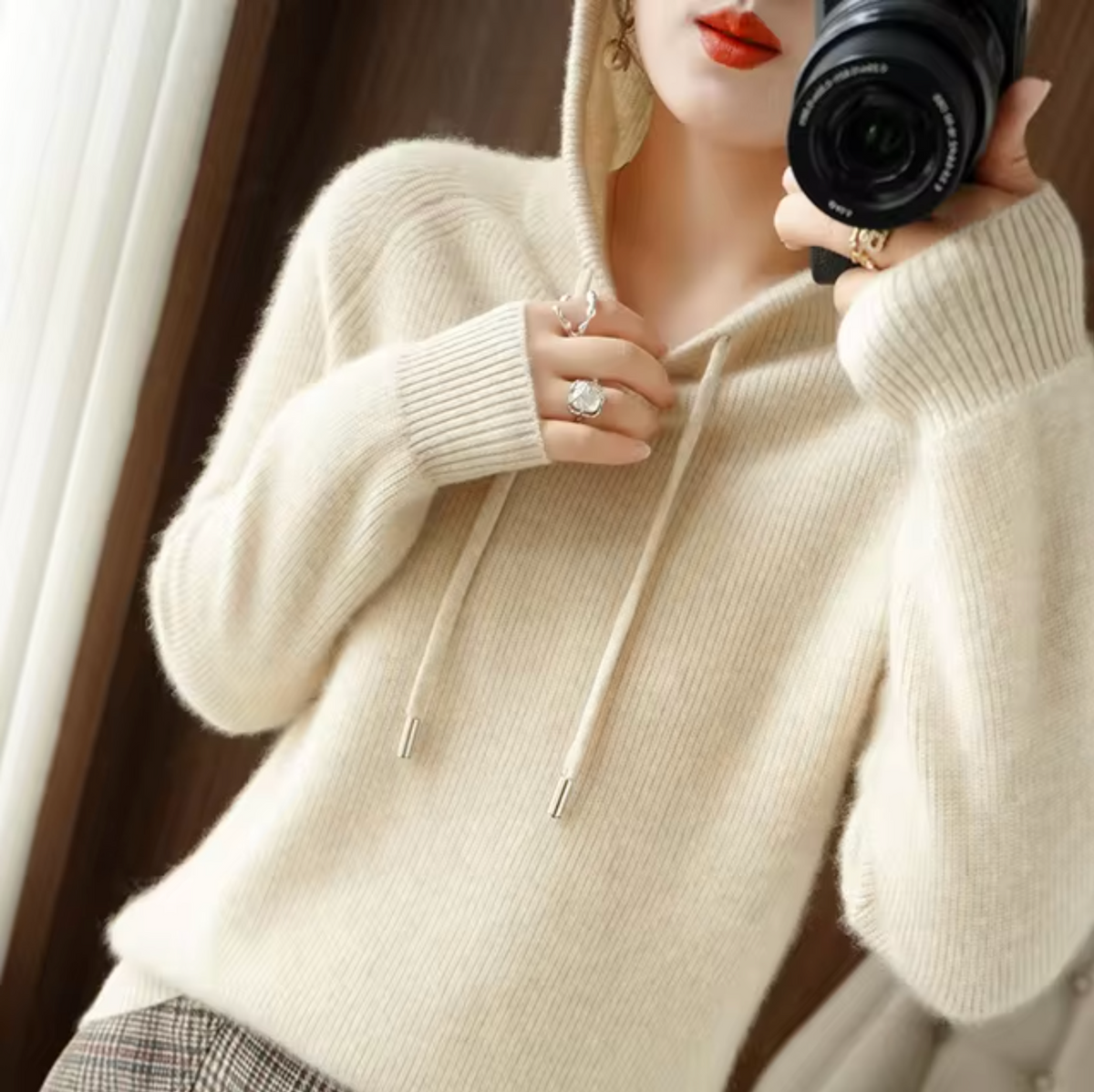 Women's Knitted Hooded Sweater with Drawstrings, Relaxed Fit in Beige