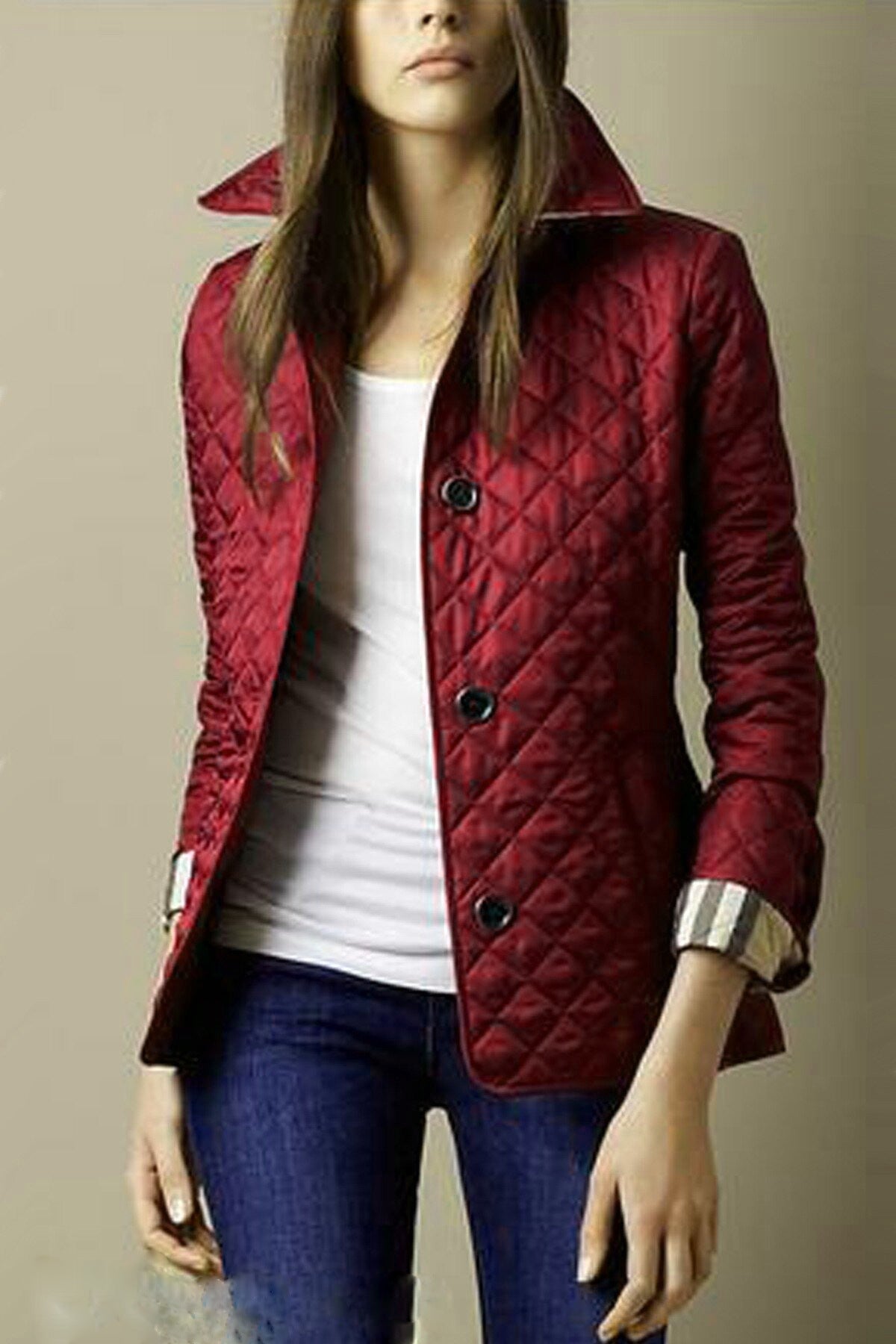 Women's Diamond-Quilted Coat with Collar and Button Front in Red