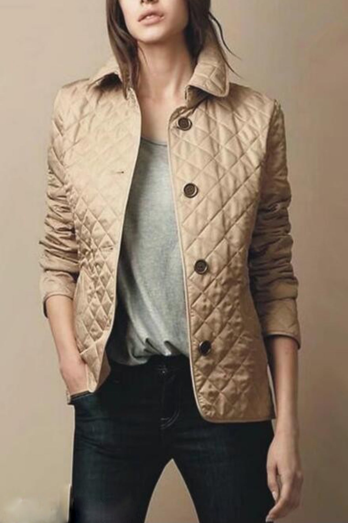 Women's Diamond-Quilted Coat with Collar and Button Front in Khaki