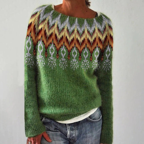 Women's Patterned Knit Jumper with Round Neckline in Light Green