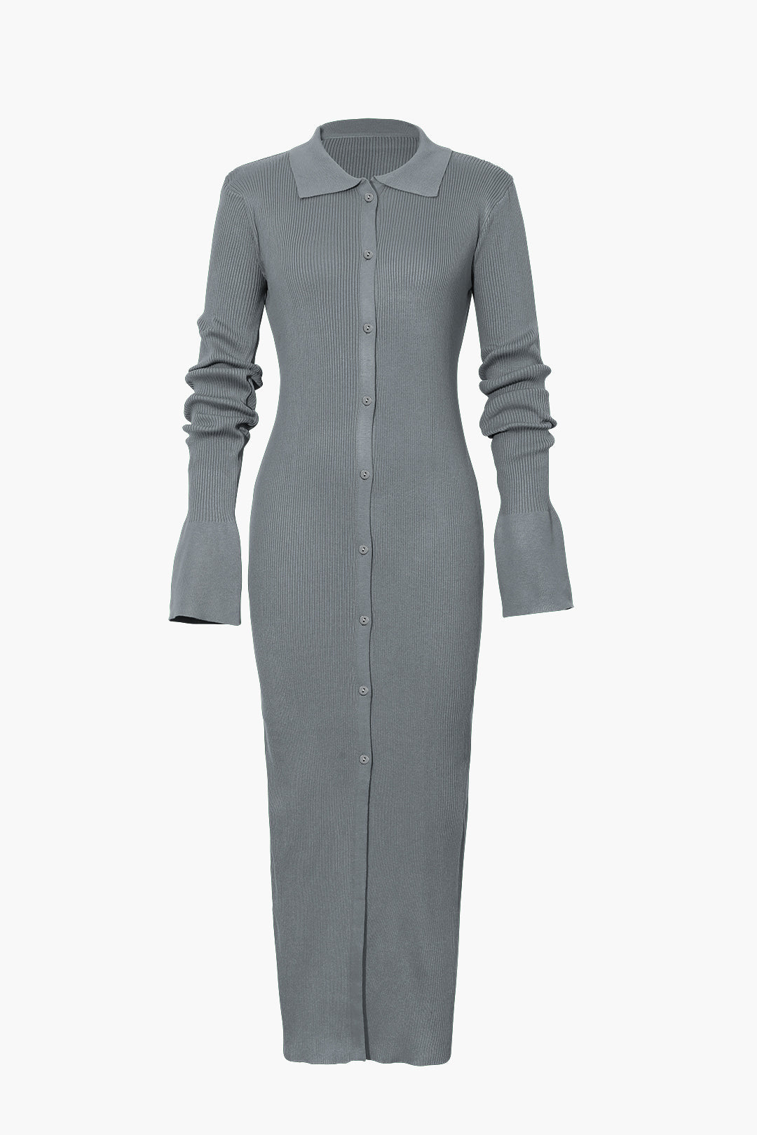 Women's Ribbed Knit Maxi Dress with Polo Collar and Button Front in Dark Grey
