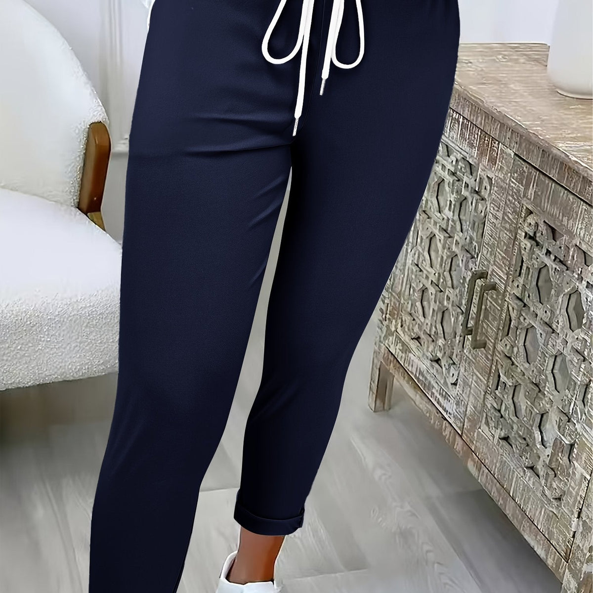 Women's Joggers with Tie Waist and Turn-Up Cuffs in Navy