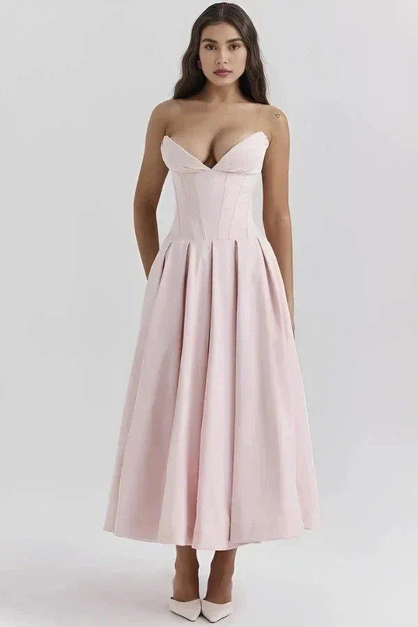Women's Strapless Midi Dress with Sweetheart Neckline, Full Skirt in Pink