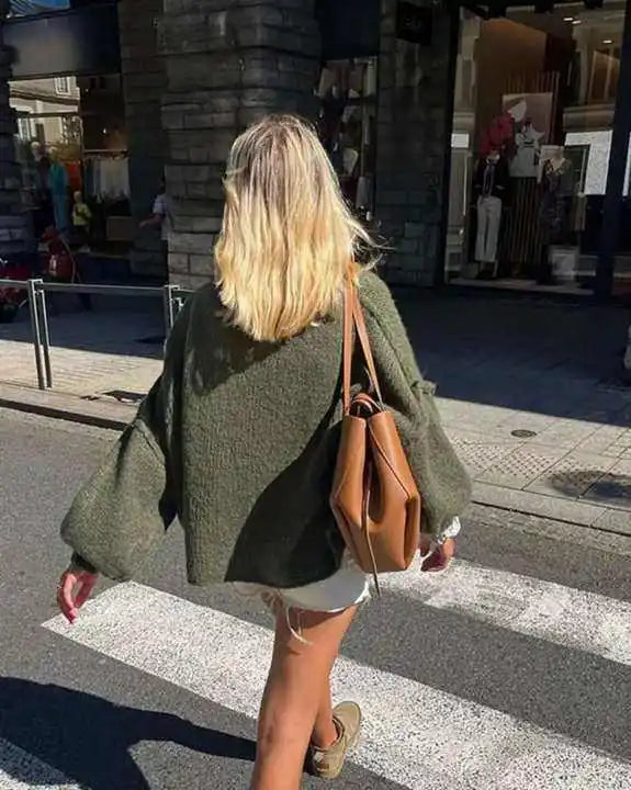Women's Oversized Jumper with Wide Balloon Sleeves in Khaki