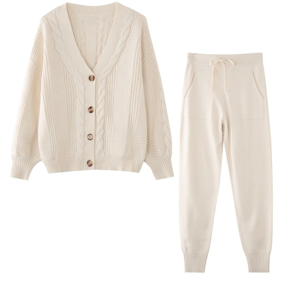Women's Knit Set with Buttoned Cable Cardigan and Trousers in Beige