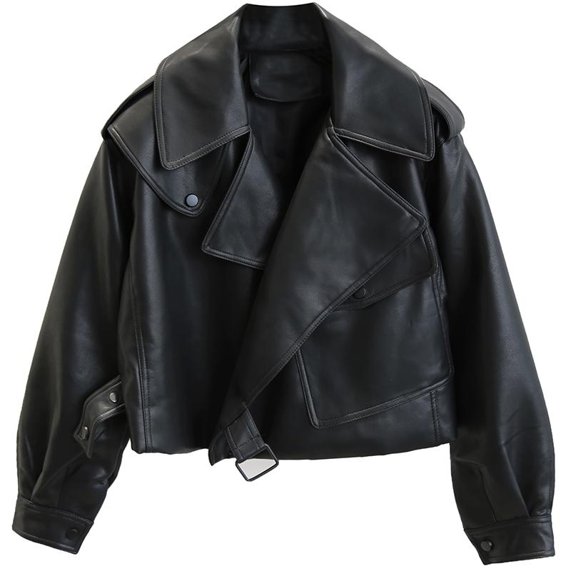 Women's Cropped Jacket with Wide Lapels and Hem Belt in Black