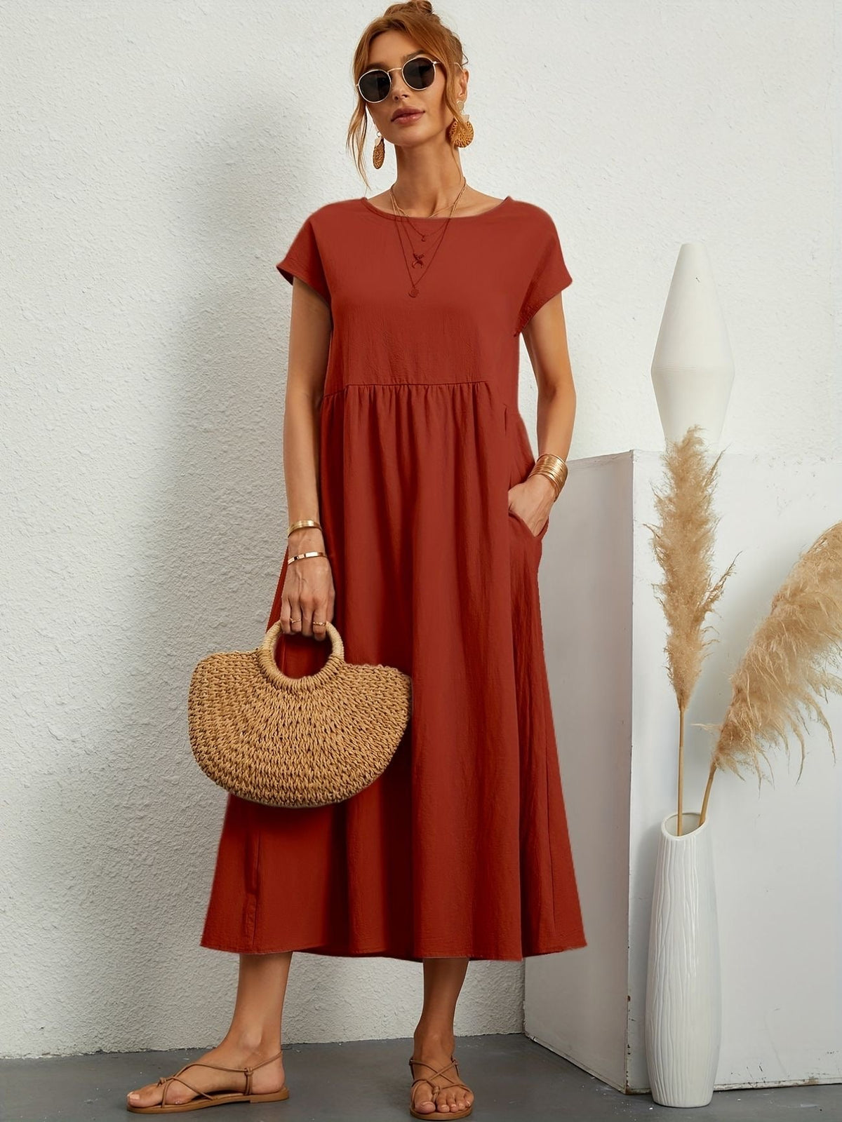 Women's Short-Sleeve Midi Dress with Pockets and Gathered Skirt in Orange