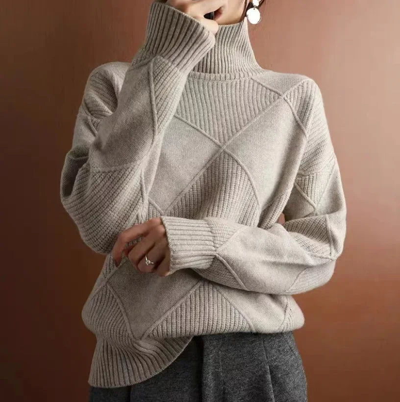 Women's Roll-Neck Jumper with Geometric Diamond Pattern in Khaki