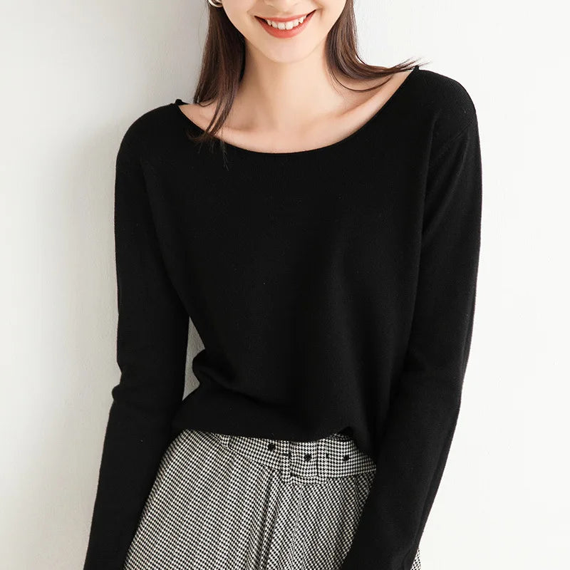 Women's Jumper with Wide Round Neckline and Rolled Edge in Black