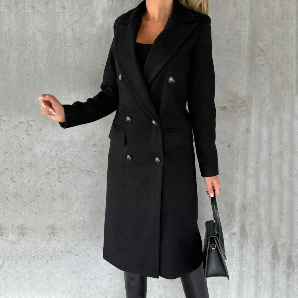 Women's Double-Breasted Coat with Lapels, Below-Knee Length in Black