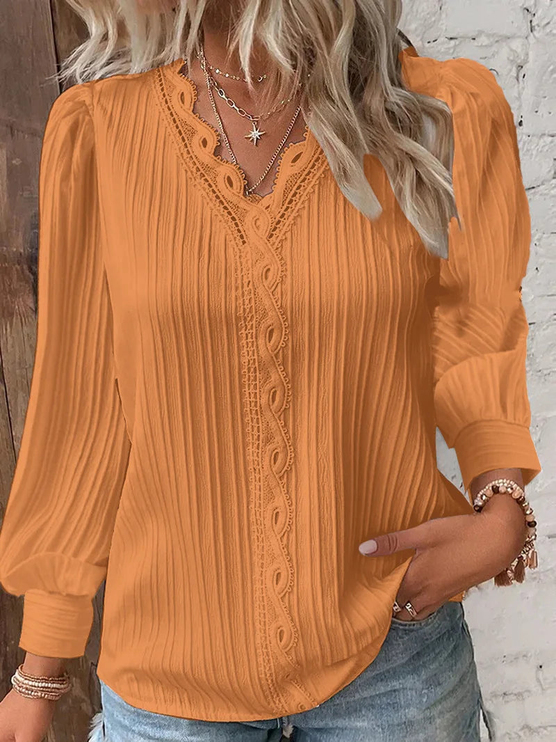 Women's Lace Trim V-Neck Blouse with Puff Sleeves in Orange