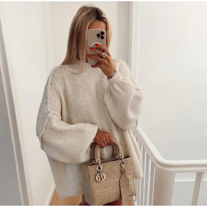 Women's Oversized Jumper with Wide Balloon Sleeves in White