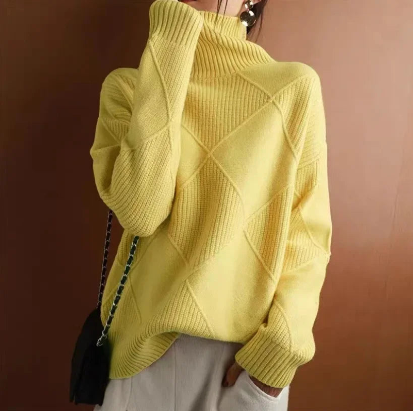 Women's Roll-Neck Jumper with Geometric Diamond Pattern in Yellow