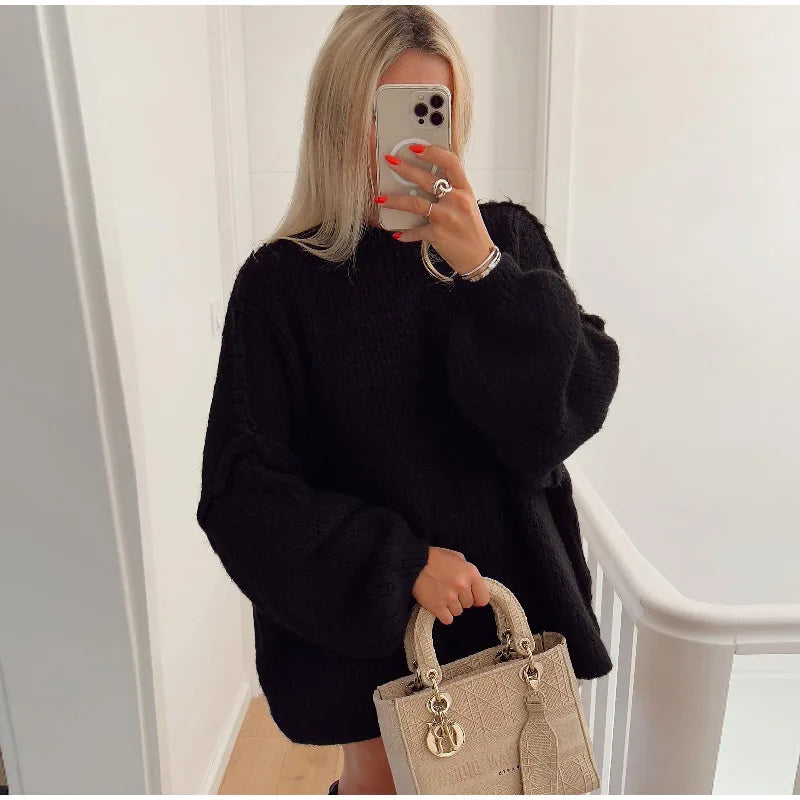 Women's Oversized Jumper with Wide Balloon Sleeves in Black